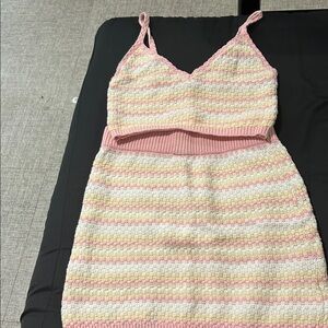wild fable Pink and Cream Striped Knit Crop Top & Skirt Set